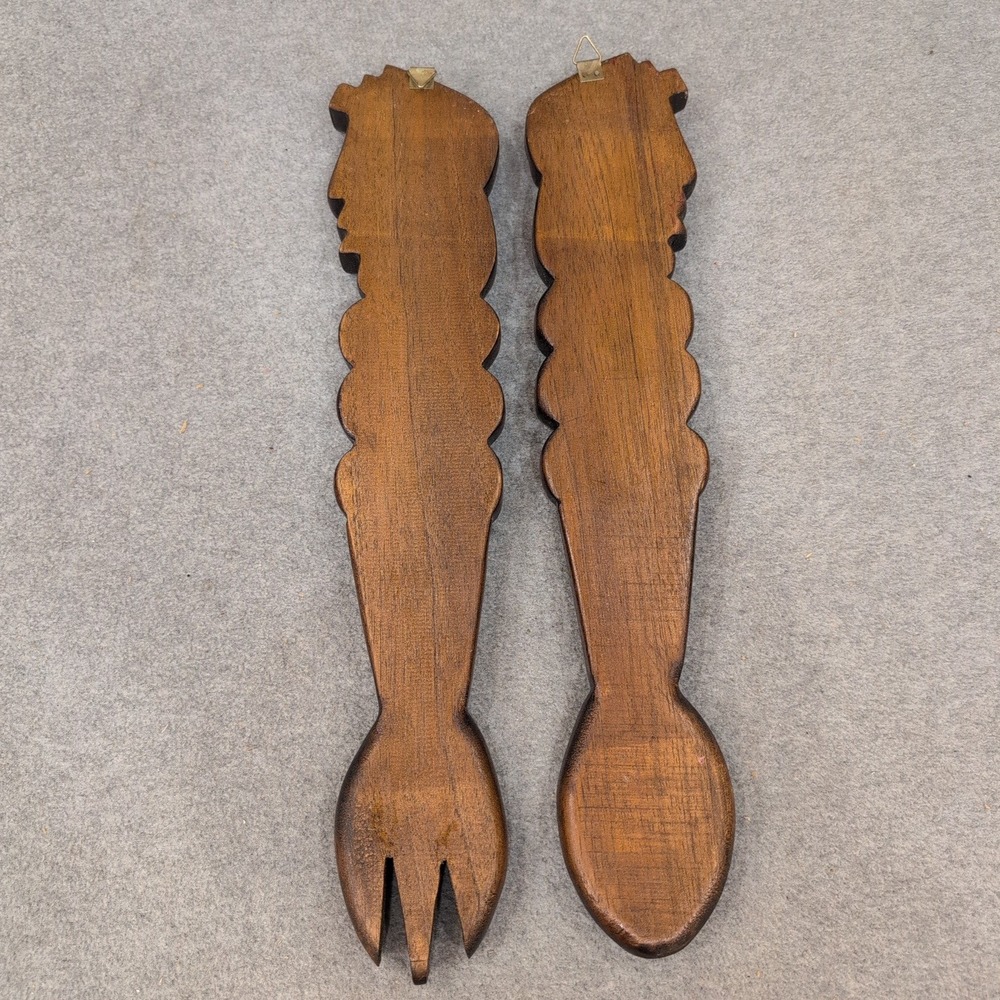Vintage Hand Carved Wood Tribal Fork and Spoon Wall Art Set Dark Brown Decor - Picture 6 of 7